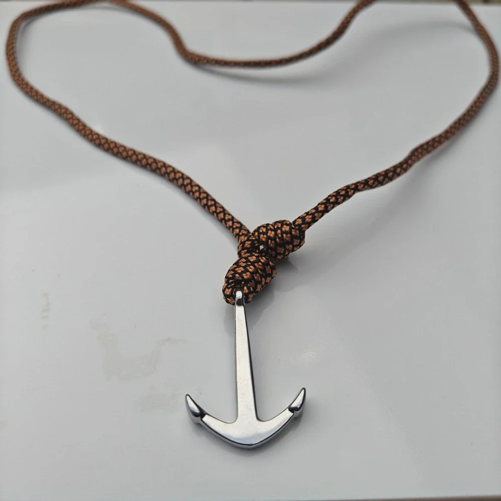 Silver Tone Anchor Pendant Necklace Brown Paracord Cord Nautical Rugged Jewelry